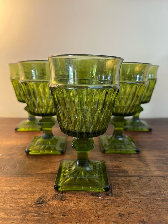 Other - Set of 6 Indiana Glass Mt Vernon Avocado Green Goblets | Vintage Footed Glasses